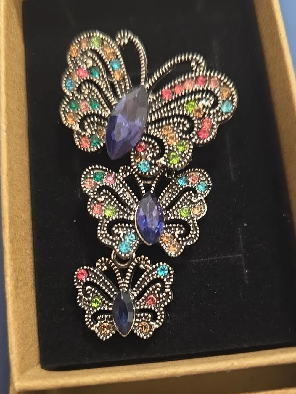 Multicolor Crystal Butterfly Brooch Set - Silver Tone